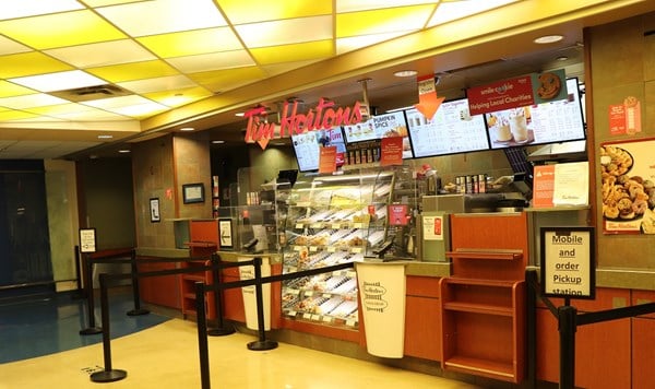Checkout counter at Tim Hortons fast food restaurant.