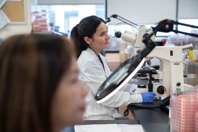 Two lab professionals at a bench; the one in the foreground is out of focus, while the other that is in focus is loooking through a microscope.